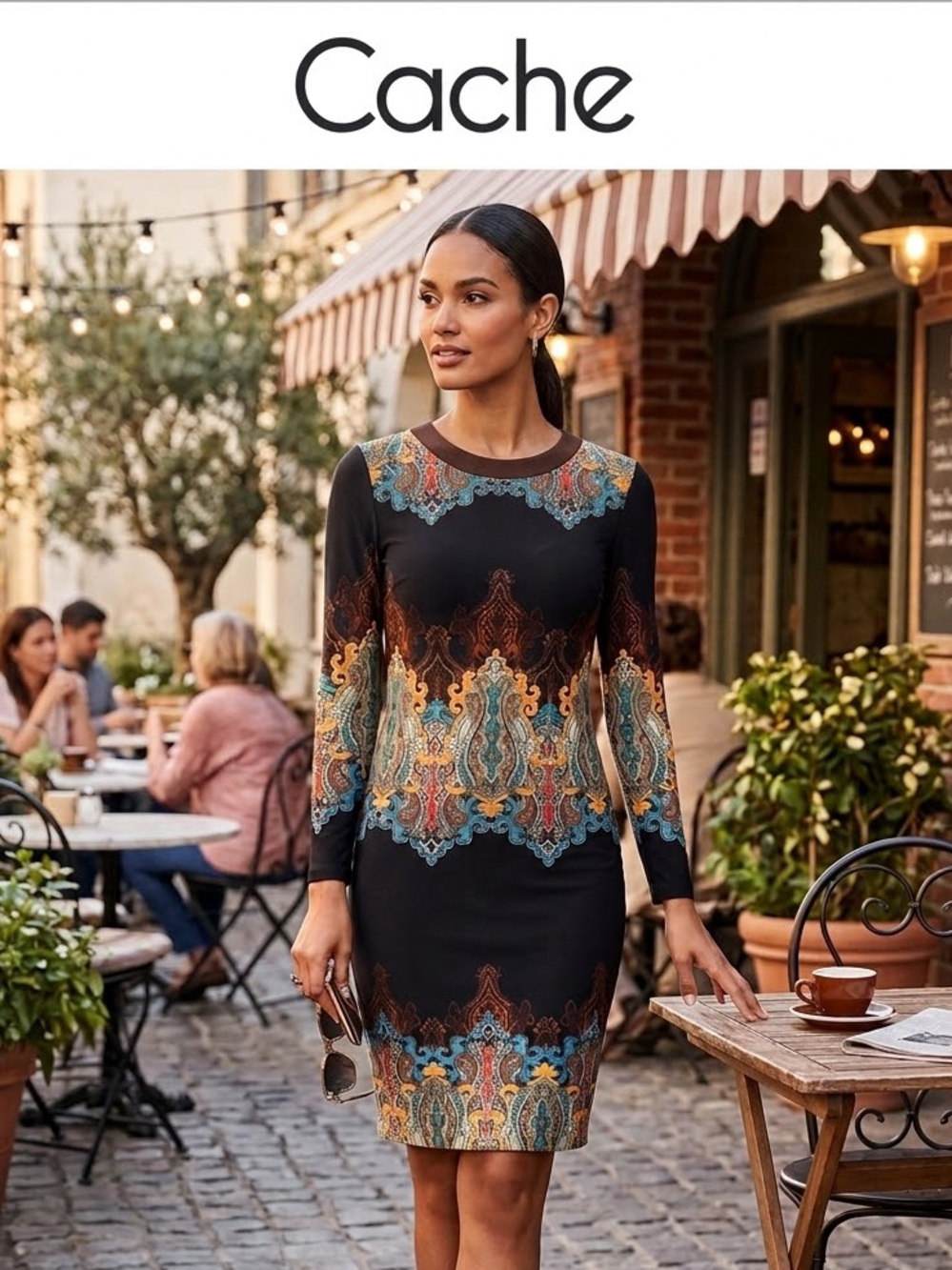 Cache Black Long-Sleeve Paisley Border Print Sheath Dress